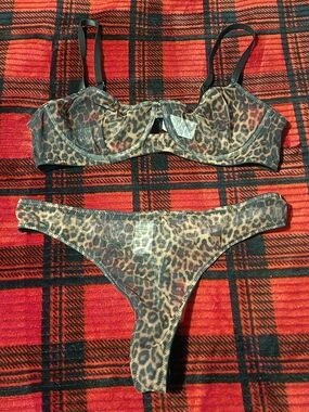 Leopard Print Sheer Balconette Bra & Thong Set - Brown
